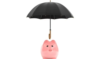 Umbrella over piggy money bank protecting savings