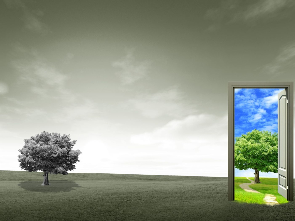 Dark image with open door to bright future Dark image with open door to bright future
