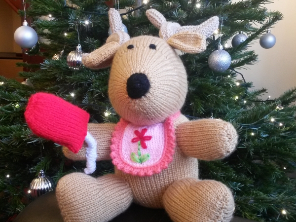 Knitted reindeer for charity raffle in aid of Cash For Kids